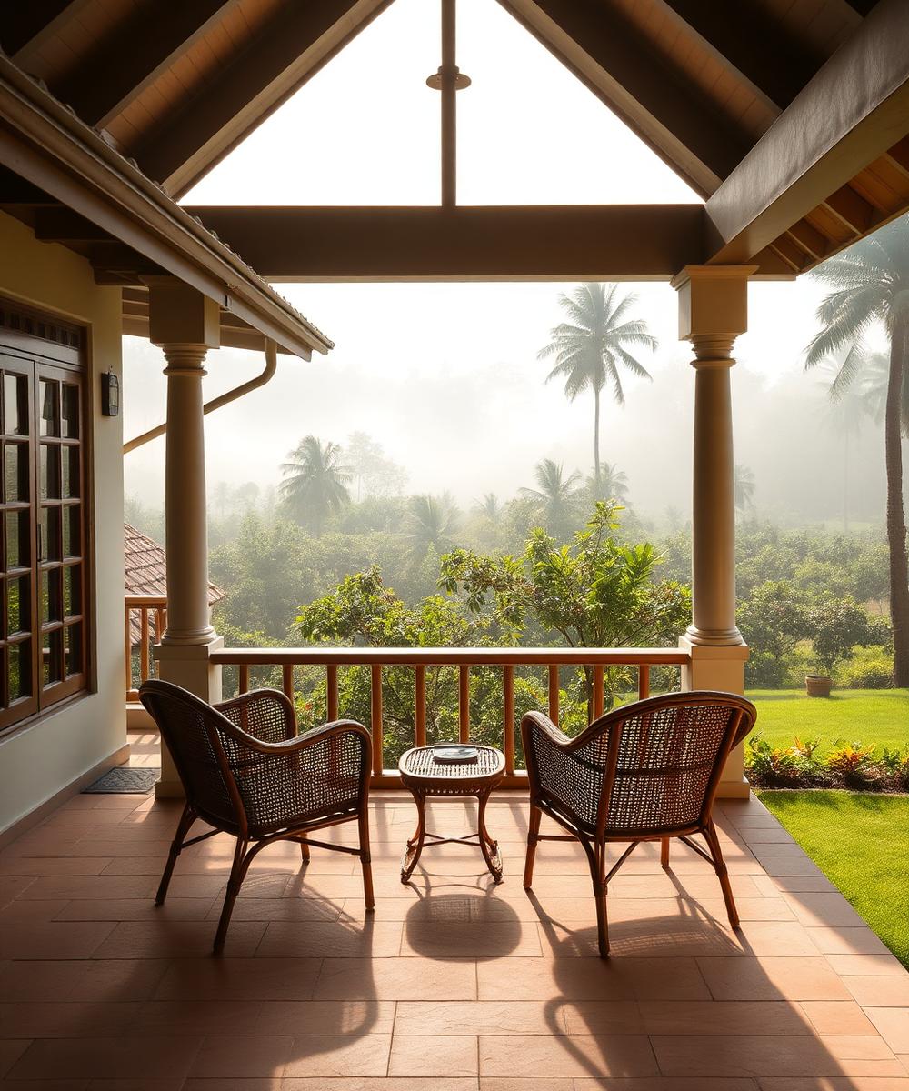 Heritage estate verandah with cane chairs overlooking the plantation